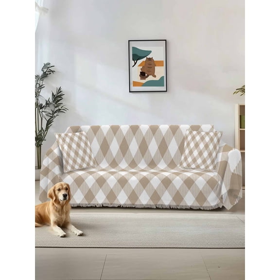 Minimalistic Checkered Beige Rural Style Couch Cover, Oversized Sofa Cover Blanket for 3 Cushion Couch,Sectional Sofa Slipcover Furniture Protector for Living Room Bedroom 71''x150''