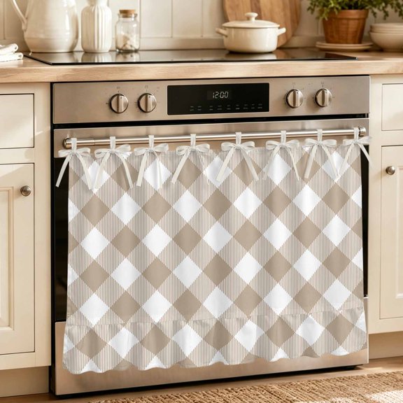 Minimalistic Checkered Beige Rural Style Oven Skirt Curtain 30"Wx21.5"L, Waterproof Ruffled Stove Cover Skirt with 8 Ribbon Ties, Decorative Oven Door Curtains for Kitchen Dishwasher Cabinet