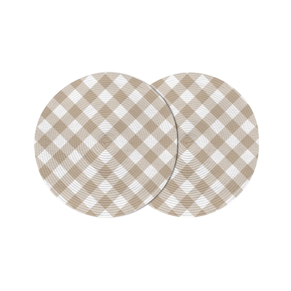 Minimalistic Checkered Beige Rural Style Round 15 Inch Placemats Set of 2, HeatResistant Non Slip Place Mats for Dining Table, Wipeable Braided Kitchen Table Mats for Housewarming