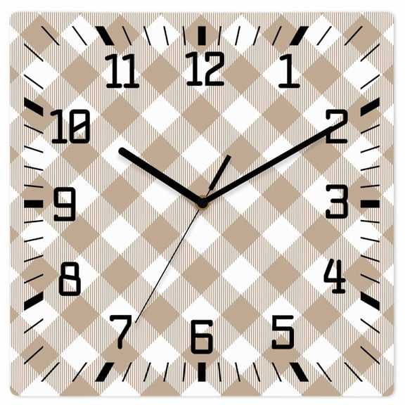 Minimalistic Checkered Beige Rural Style, Wooden Wall Clock Silent Non Ticking, Square Wall Clocks Battery Operated, Decor Clock for Home Office, Living Room, Kitchen, 12 Inch