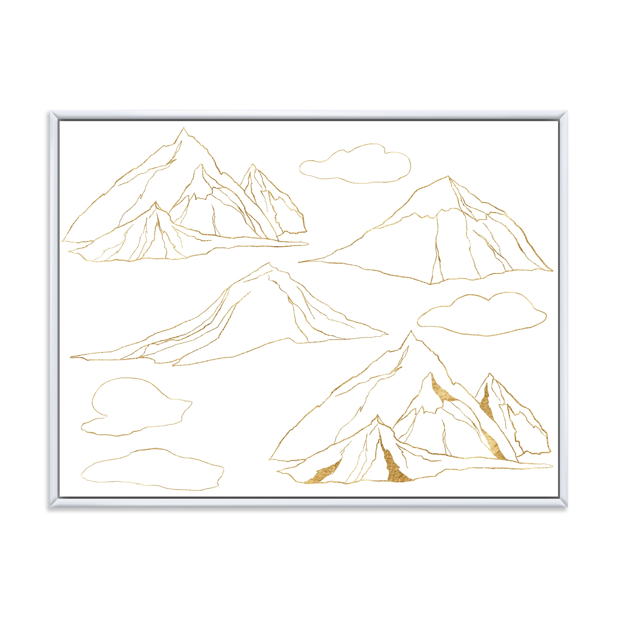 Minimalistic Gold Linear Set Of Clouds and Mountains 40 in x 30 in Framed Painting Canvas Art Print, by Designart