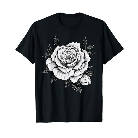 Minimalistic Rose Flower on black and white Rose T-Shirt