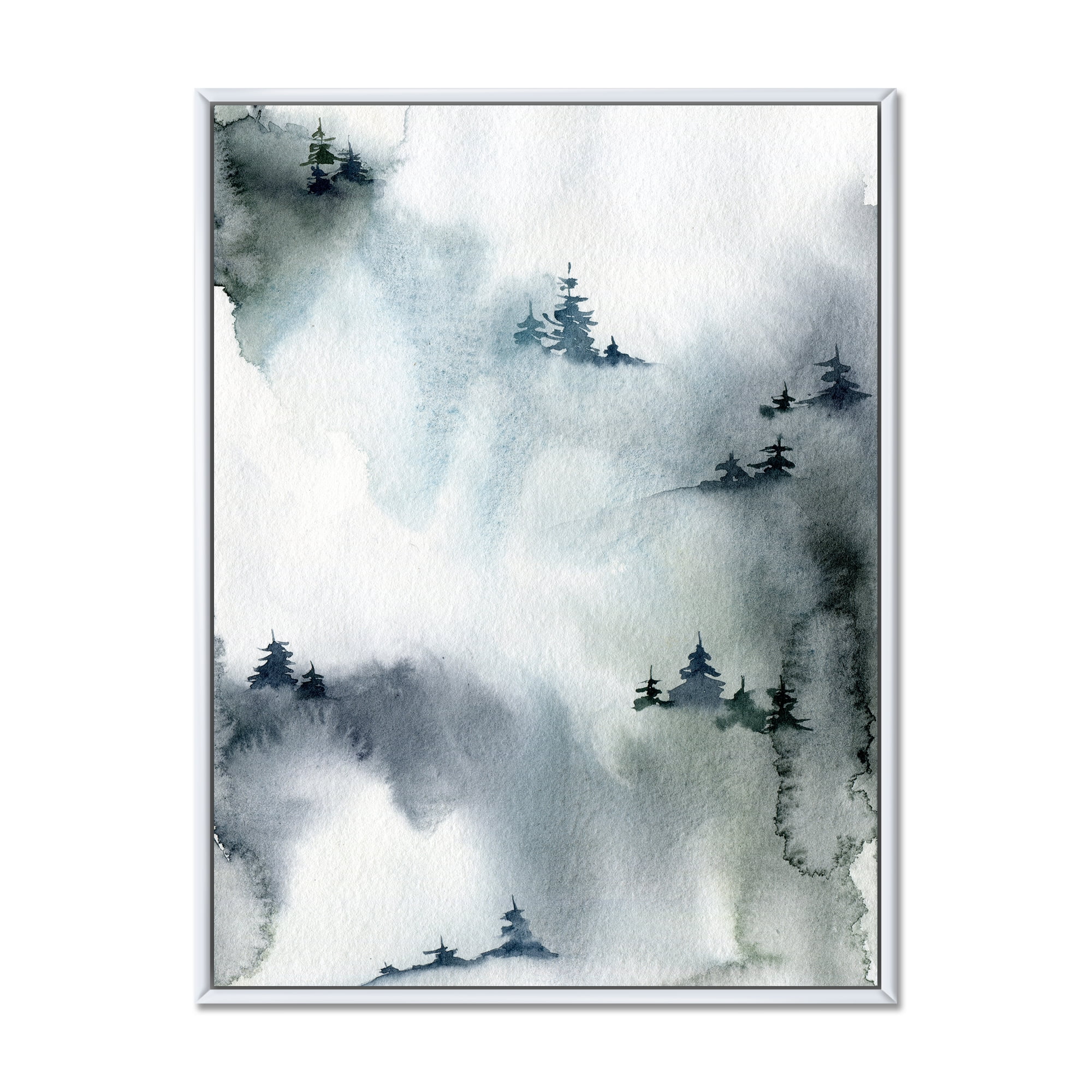 Minimalistic Snowy Fir Trees With Winter Forest 12 in x 20 in Framed Painting Canvas Art Print, by Designart