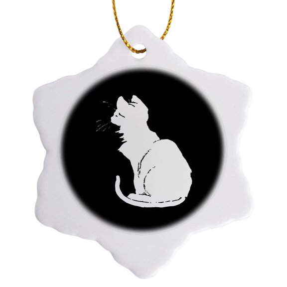 3drose, Minimalistic White Cat Silhouette Vector Art, 3 inch Snowflake Porcelain Ornament