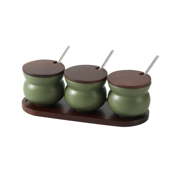 Minimalists Ceramic Condiment Jars Set of 3 With Wooden Lid And Spoon Seasoning Container Bowl For Salt Pepper Sugar