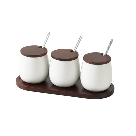 Minimalists Ceramic Condiment Jars Set of 3 With Wooden Lid And Spoon Seasoning Container Bowl For Salt Pepper Sugar