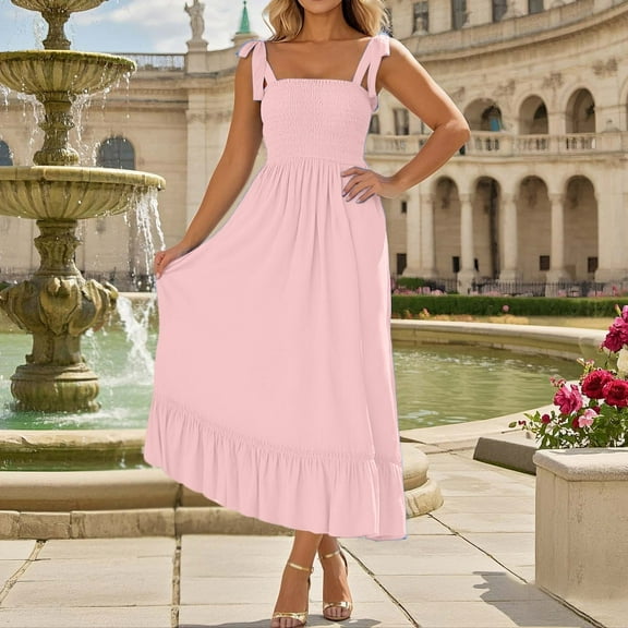 Minimally Casual Sleeveless Shoulder Strap Pleated Solid Color Suspender Jumpsuit Long Skirt A Line Skirt Maxi Summer Dress for Women Cute Dresses for Women Long Tie Waist Dress Casual Dress with