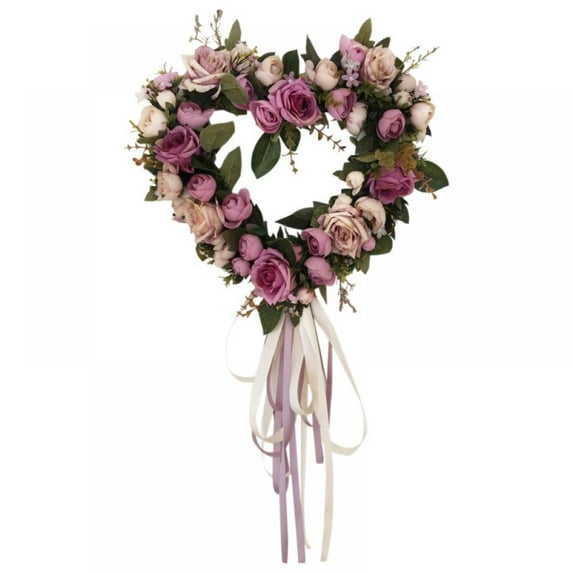 Minimanihoo Heart Shaped Wreath Floral Rose Artificial Garland Door Wreath for Home Wedding Valentine's Day Decoration, Pink, 13 inches