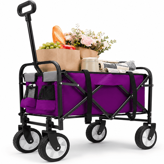 Collapsible Folding Wagon Cart, Minimeetall Strap Series Utility Wagon with Tie-Down System, 225 lbs Capacity, 360° Wheels for Camping, Beach, Shopping, Gardening, Purple