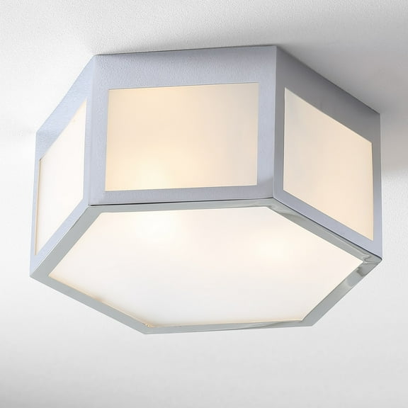 JONATHAN Y Minimo 13" Hexagon Metal/Frosted Glass LED Flush Mount, Chrome