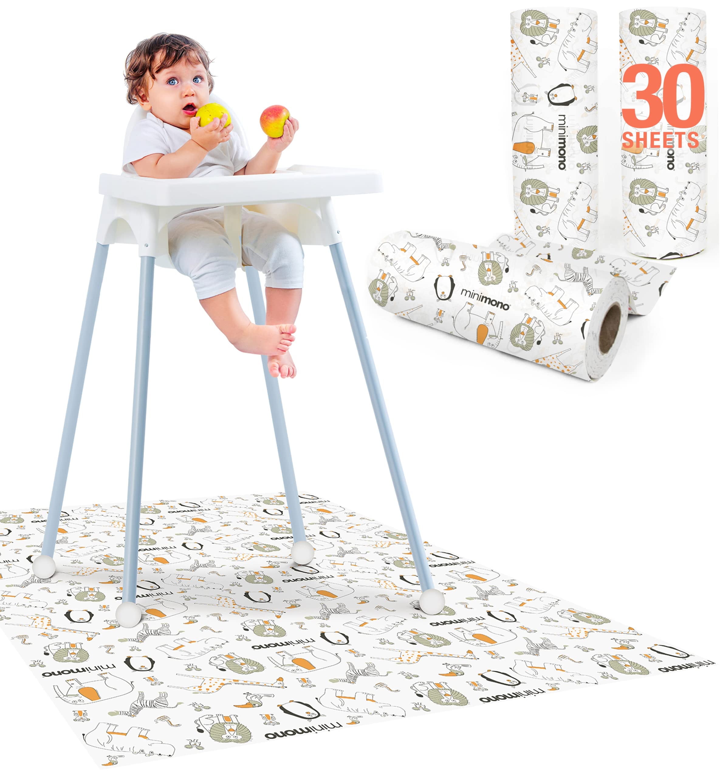 Minimono Disposable Splat Mat for Under High Chair - 30 Pack, 40"x47"| Waterproof Splash Mat for Floor | Baby Activity Mat for Indoor and Outdoor | Baby Lead Weaning Supplies | Catcher for Highchair