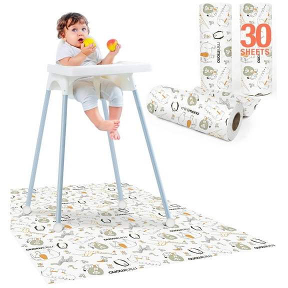 Minimono Disposable Splat Mat for Under High Chair - 30 Pack, 40"x47"| Waterproof Splash Mat for Floor | Baby Activity Mat for Indoor and Outdoor | Baby Lead Weaning Supplies | Catcher for Highchair