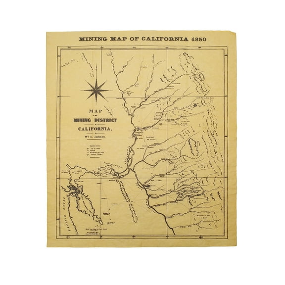 Mining Map California 1850 Parchment Paper Poster CA Gold Rush Home Decor Wall Art