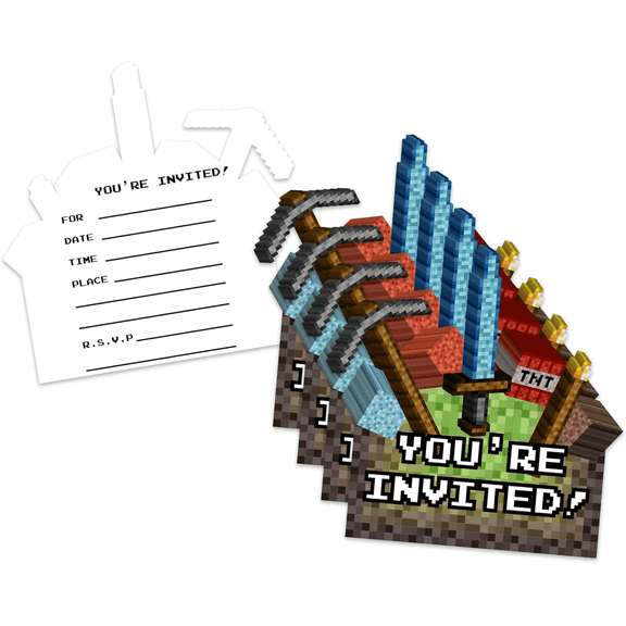 Mining Pixel World Birthday Party Invitations20PCS 4 X 6-Inch Double-Sided Fill-In Invitations, Plus a Free Wet-Sealed Envelope