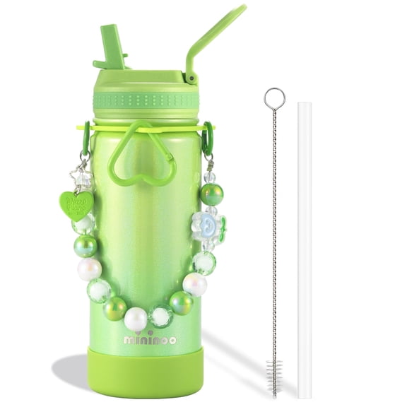 Mininoo Kids Water Bottle for School - 16 oz Stainless Steel Insulated Water Bottle with Ceramic-Lined, Leakproof Straw Lid & Beaded Handle for Girls & Boys