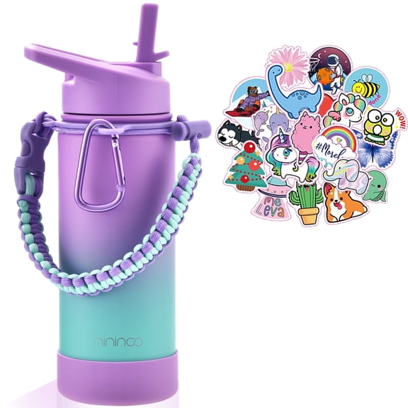 Mininoo Insulated 16oz Stainless Steel Kids Water Bottle with Straw Lid for School