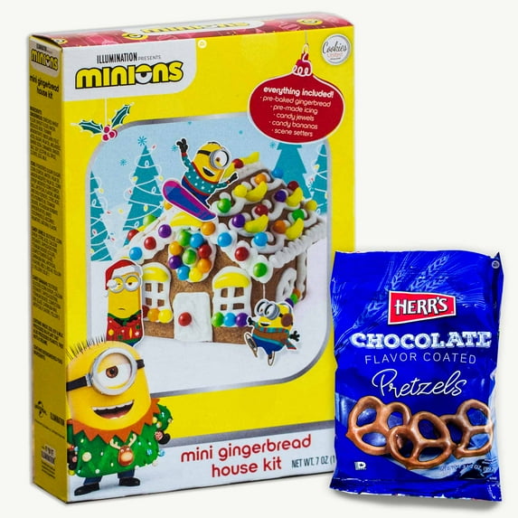 Minion Mini Christmas Gingerbread House Kit (7oz) - Chocolate Covered Pretzels (3.5oz) - Christmas Treat - 2 Items