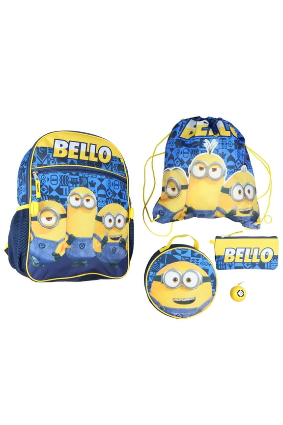 Minions Backpack Bello Character Design 5 Piece Set with Lunch Box 16"