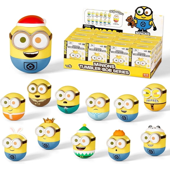 Minions Blind Box Figures, Mini Wobbler Toy Action Figures for Home Decor Desk Accessories, Despicable Me Collectible Toys for Adults & Kids Ages 3+, Tumbler Bob Series, 12 Packs