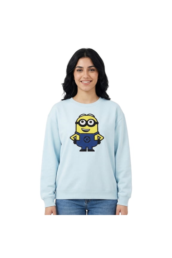 Minions Character Women's Blue Crew Neck Long Sleeve Sweatshirt-Small