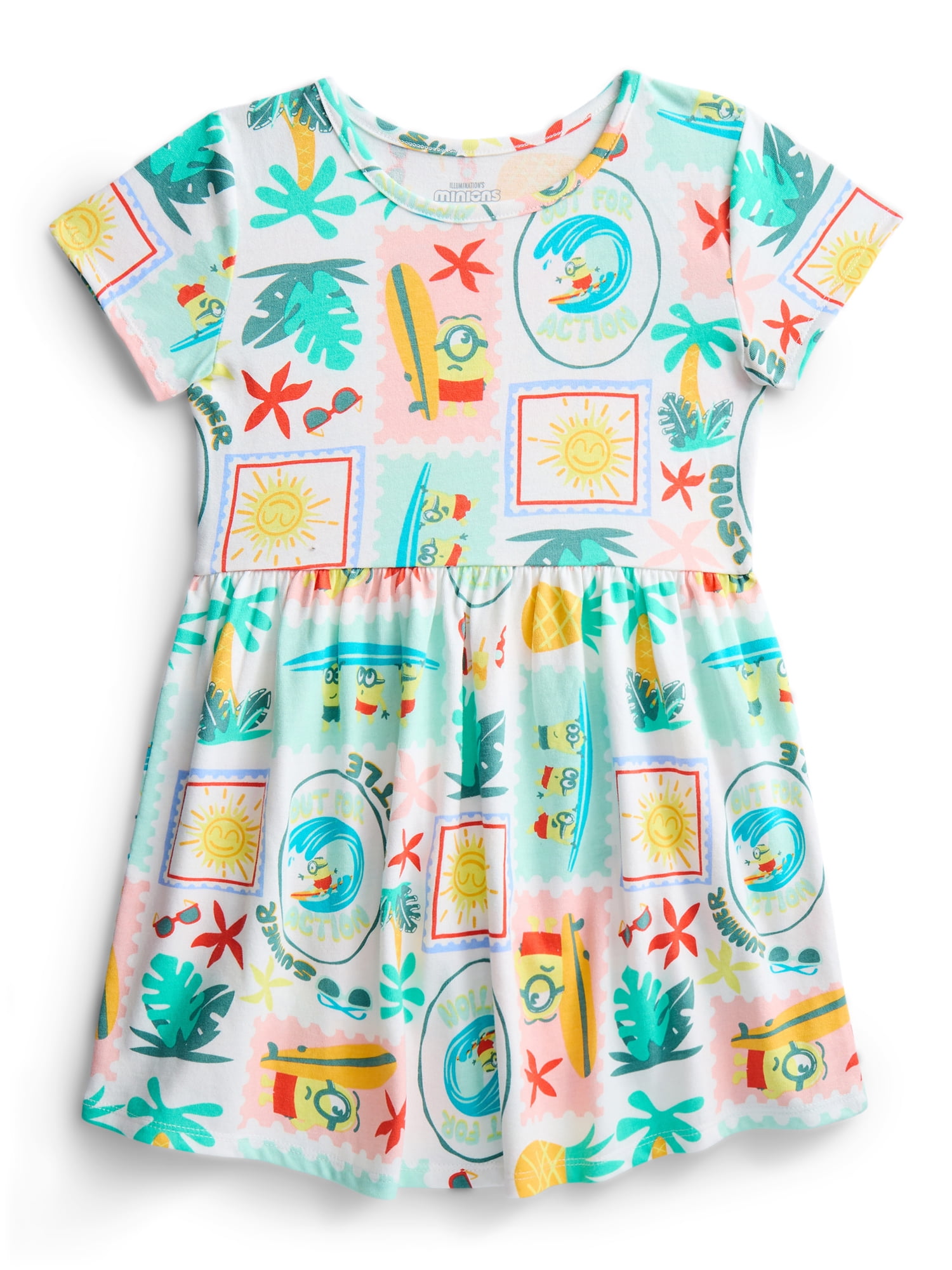 Minions Girls Allover Print Dress with Short Sleeves, Sizes 4-12
