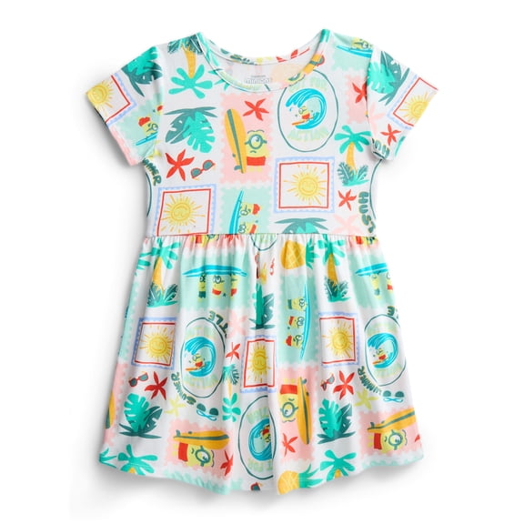 Minions Girls Allover Print Dress with Short Sleeves, Sizes 4-12