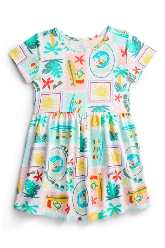 Girls Allover Print Dress with Short Sleeves, Sizes 4-12