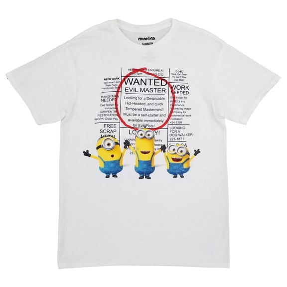 Minions Mens White Wanted Evil Master Short Sleeve T-Shirt Large