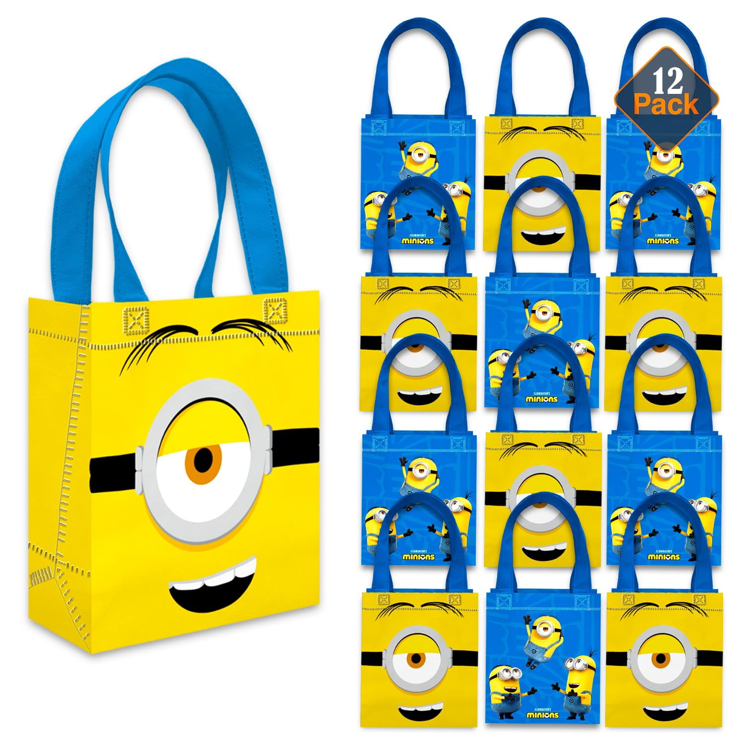 Minions Party Favor Bags Set 12 Pack 8" Despicable Me Goodie Bags for Kids Bulk Reusable Mini Totes | Despicable Me Minions Birthday Party Supplies