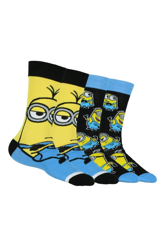 Minions Socks Men's 2-Pack Kevin and Phil Allover Designs Adult Mid-Calf Crew Socks
