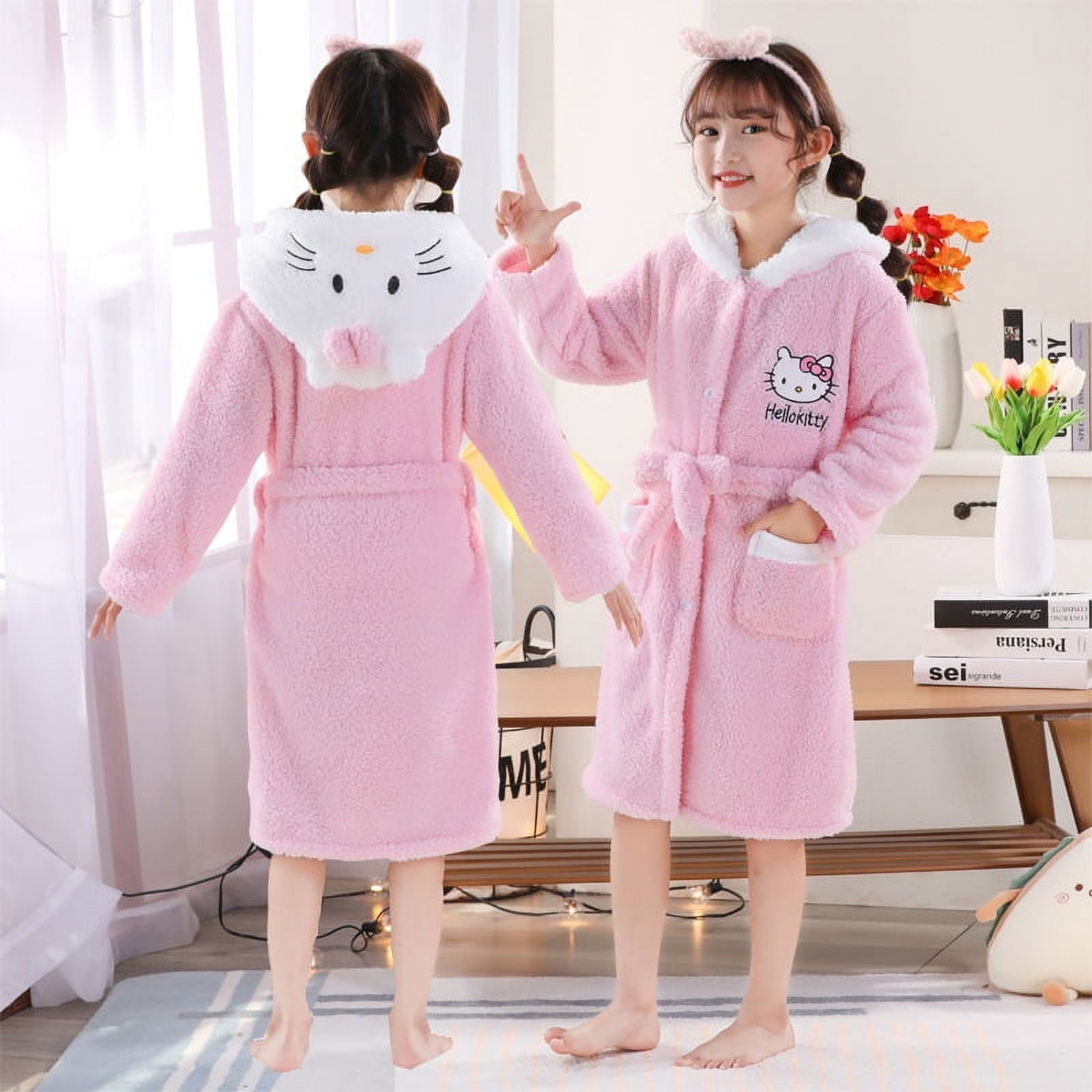 Miniso Hello Kitty Girls Nightgown Children Thicken Flannel Bathrobe ...