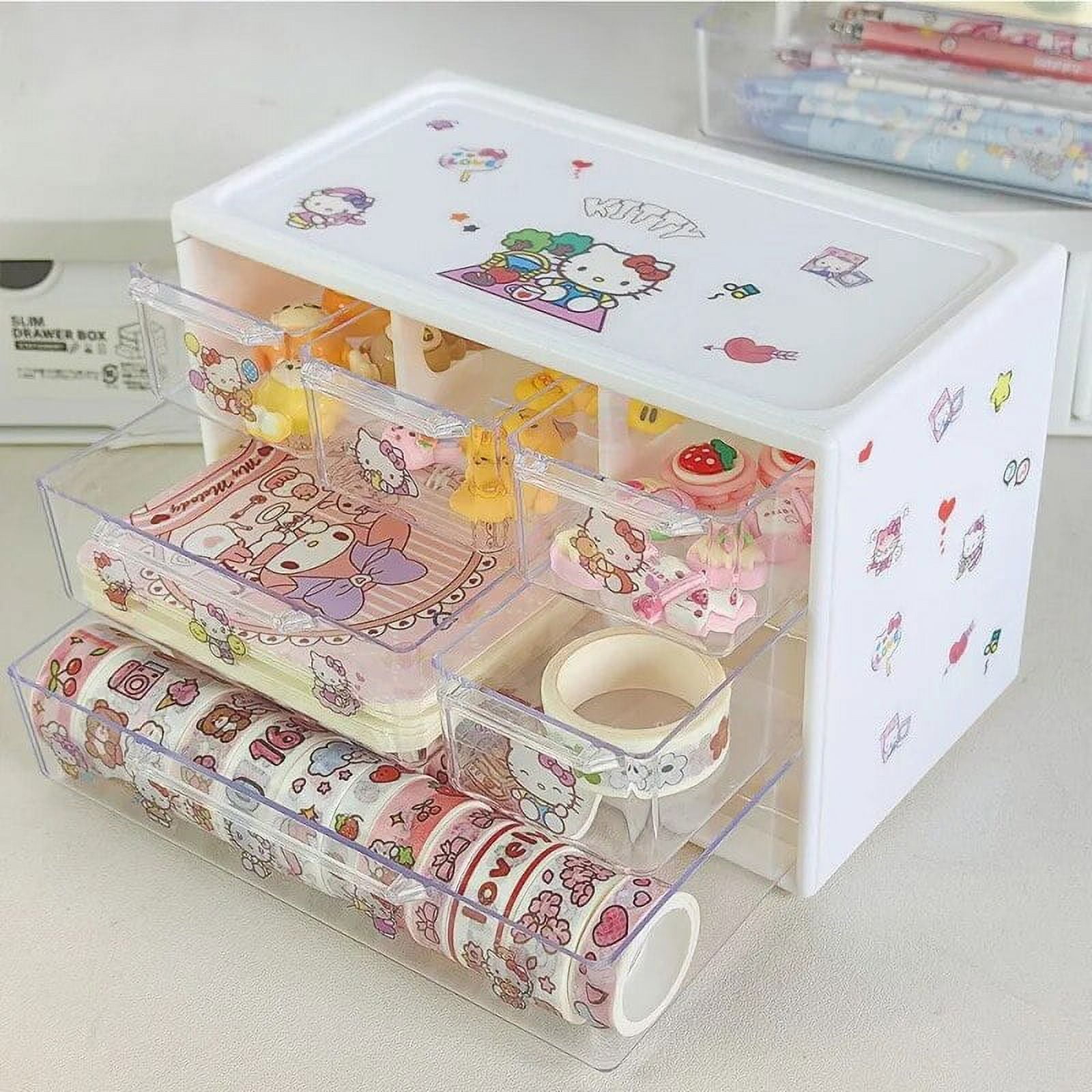 Miniso Sanrio 6 Grids Drawer Storage Box Desk Organizer with Kawaii Stickers Hello Kitty