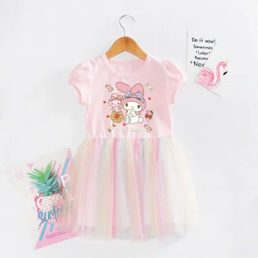 Miniso Sanrio Hello Kitty Kuromi Children Dresses Kawaii My Melody New Cartoon Summer Girls Cute Princess Dress Kids' Gifts