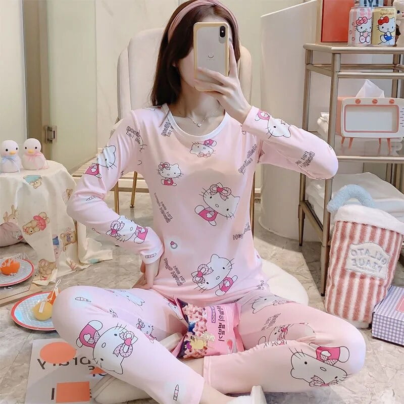 Miniso Sanrio Thermal Underwear Hello Kitty Kawaii Anime Cozy Thermal  Underwear Base Pajamas Fleece Long Johns Suit Girl Gift