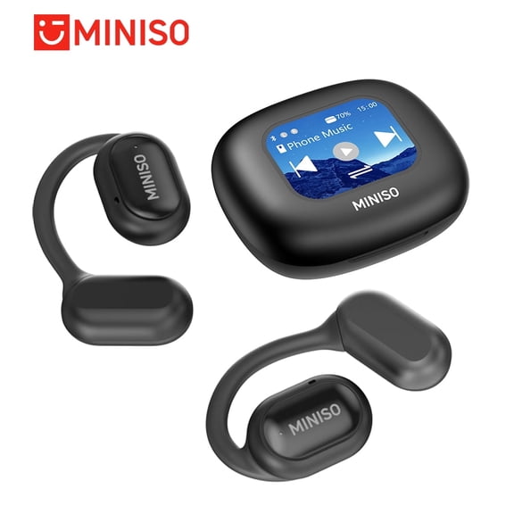 Miniso Open-ear Wireless Earbuds with Smart Touch Screen Case, Bluetooth 6.0, ENC Clear Calls, IPX5 Waterproof, Black