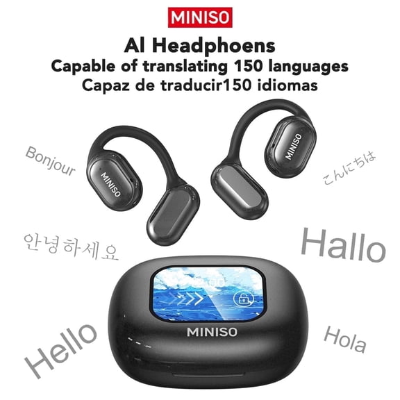 Miniso X30 Wireless Earbuds, AI Translator, Bluetooth 6.0, LED Touchscreen Case, Noise-Cancelling, 130+ Languages, 55H, IPX5 Waterproof, Black