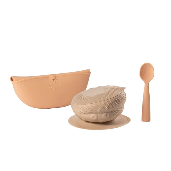 Miniware Sensory Starter Set: Silicone Bowl, Spoon, and Roll & Lock Bib - Almond Butter