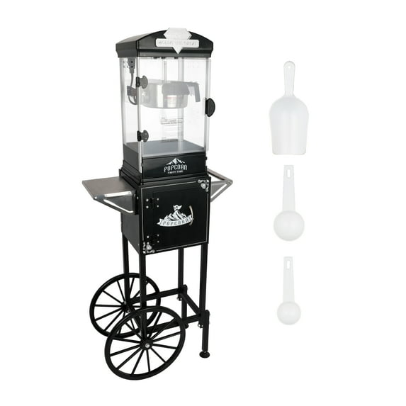 Miniyam 10 Oz Popcorn Machine with Cart, Large Kettle Popcorn Maker with Side Trays, Storage Cabinet & Tempered Glass, Countertop Convertible Popper for Home Theater, Parties & Events, Black
