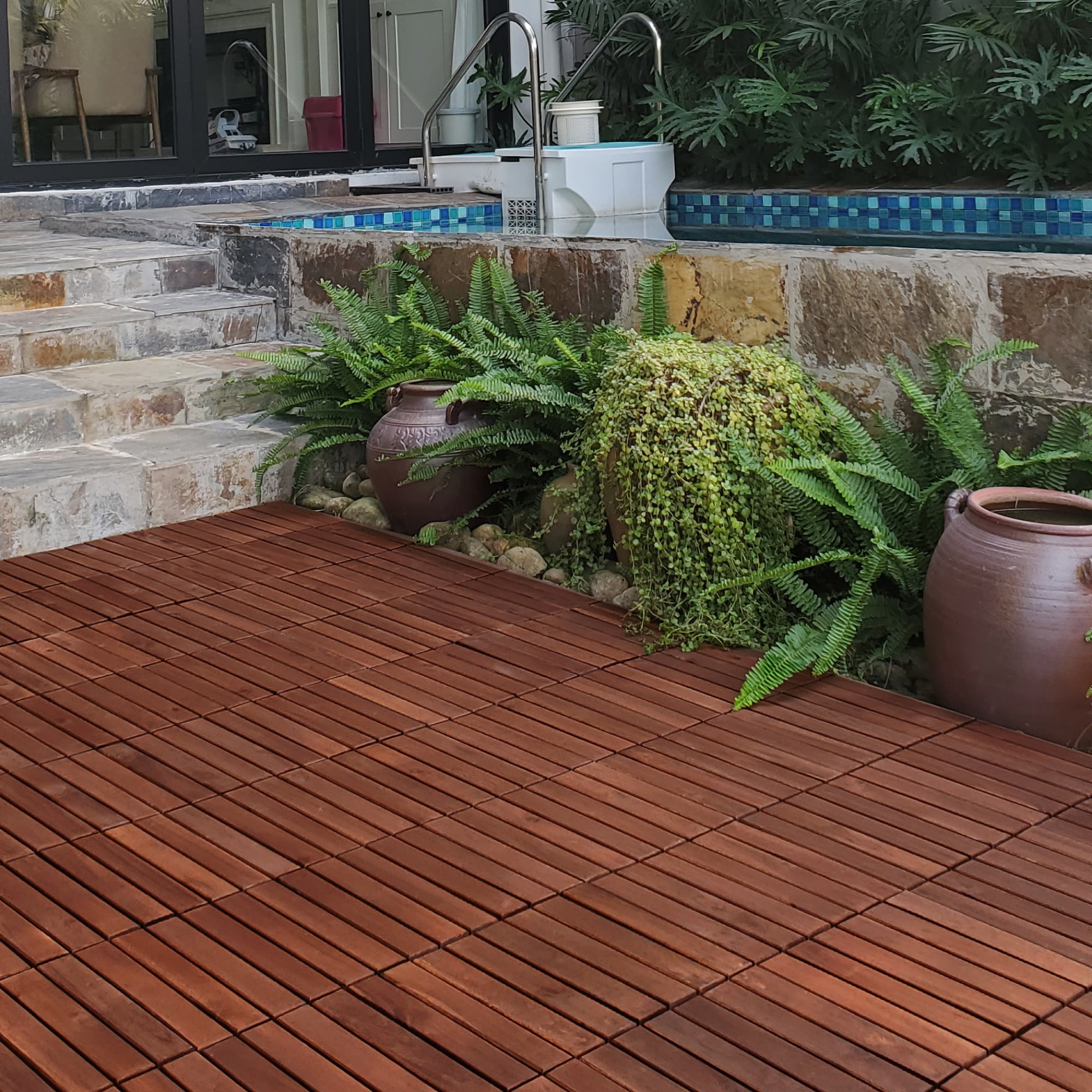 Walnut Brown Acacia Wood Interlocking Deck Tiles, 12x12 inch, Set of 10