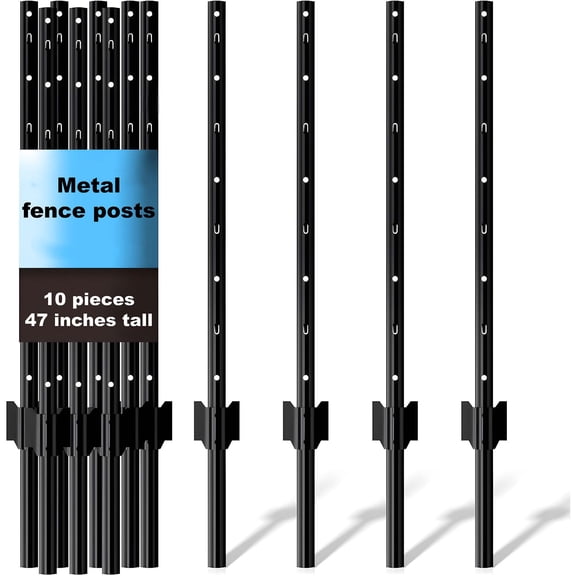 Miniyam 10 Piece Garden Fence Post Set, 4-ft Heavy-Duty U-Shaped Metal Posts for Wire Mesh Fences, No-Dig Temporary Fence Posts, Black