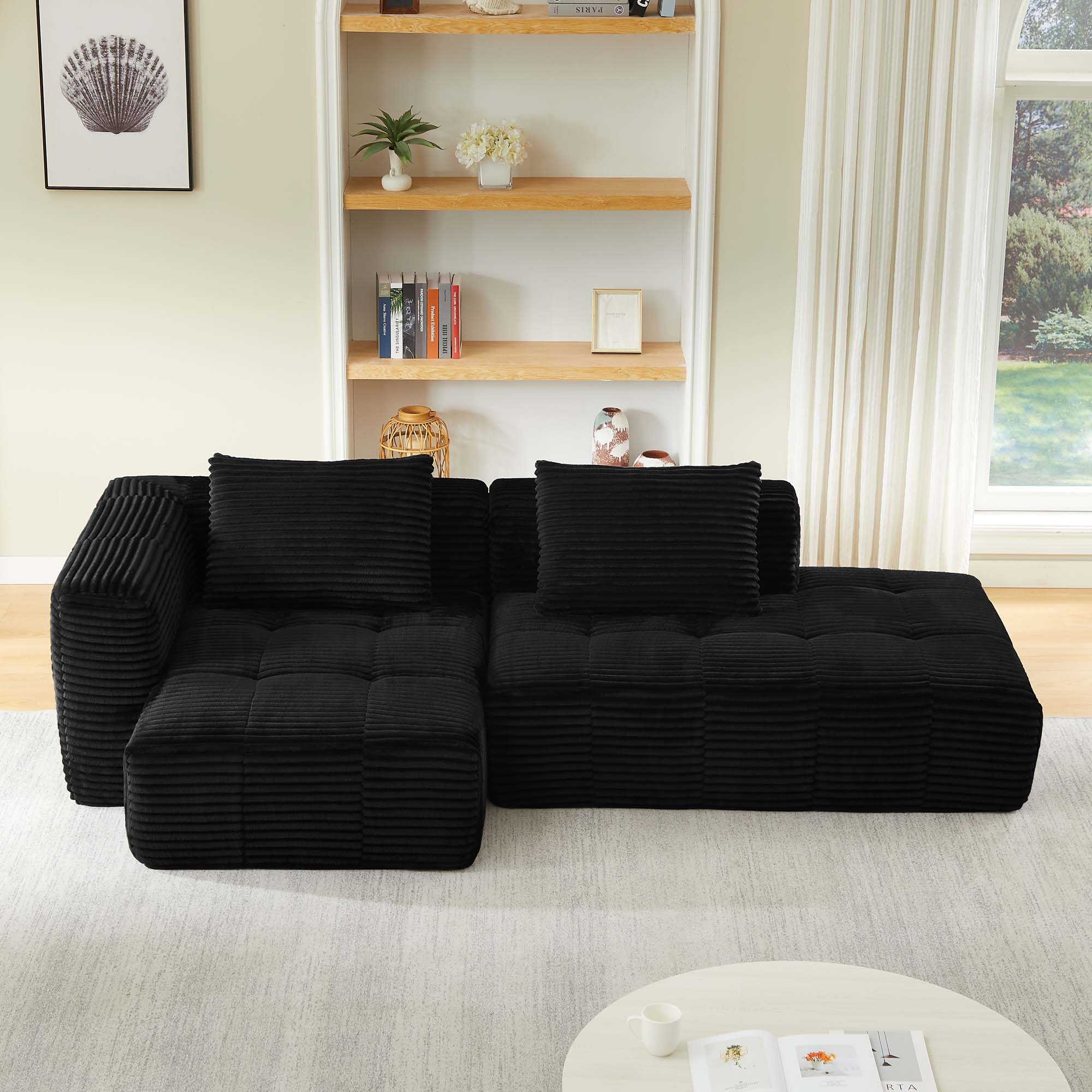 Miniyam 108 in 3 Seats L-Shape Modular Compressed Couch, Sectional Sofa with Chaise Lounge, Upholstered Oversized Tufted Couches for Living Room, Black