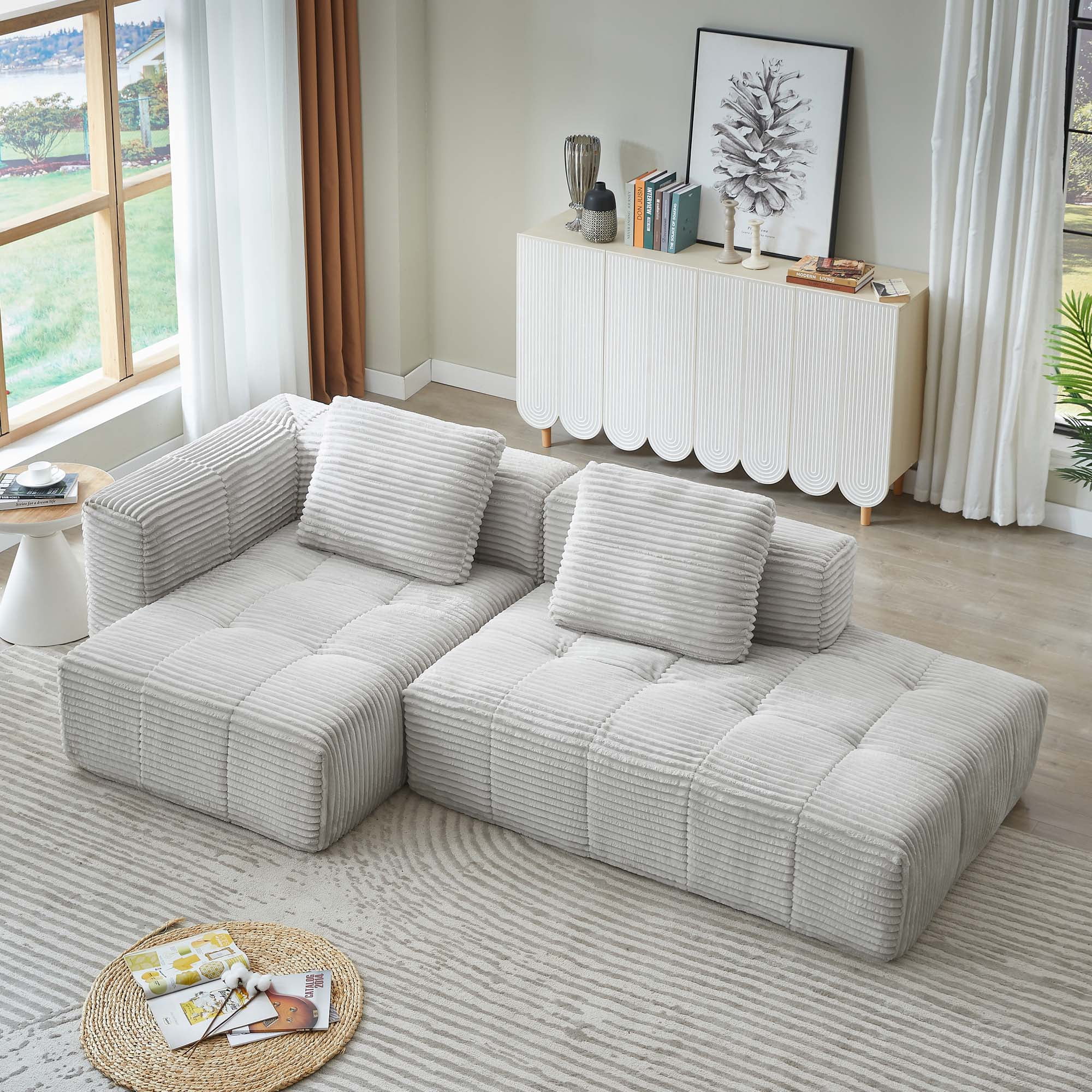 Miniyam 108 in 3 Seats L-Shape Modular Compressed Couch, Sectional Sofa with Chaise Lounge, Upholstered Oversized Tufted Couches for Living Room, Light Grey