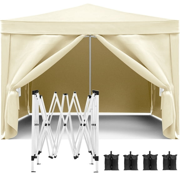 Miniyam 10x10 Pop Up Canopy Tent, Waterproof Outdoor Canopy with Removable Sidewalls, Windows, Sandbags and Carry Bag, Beige
