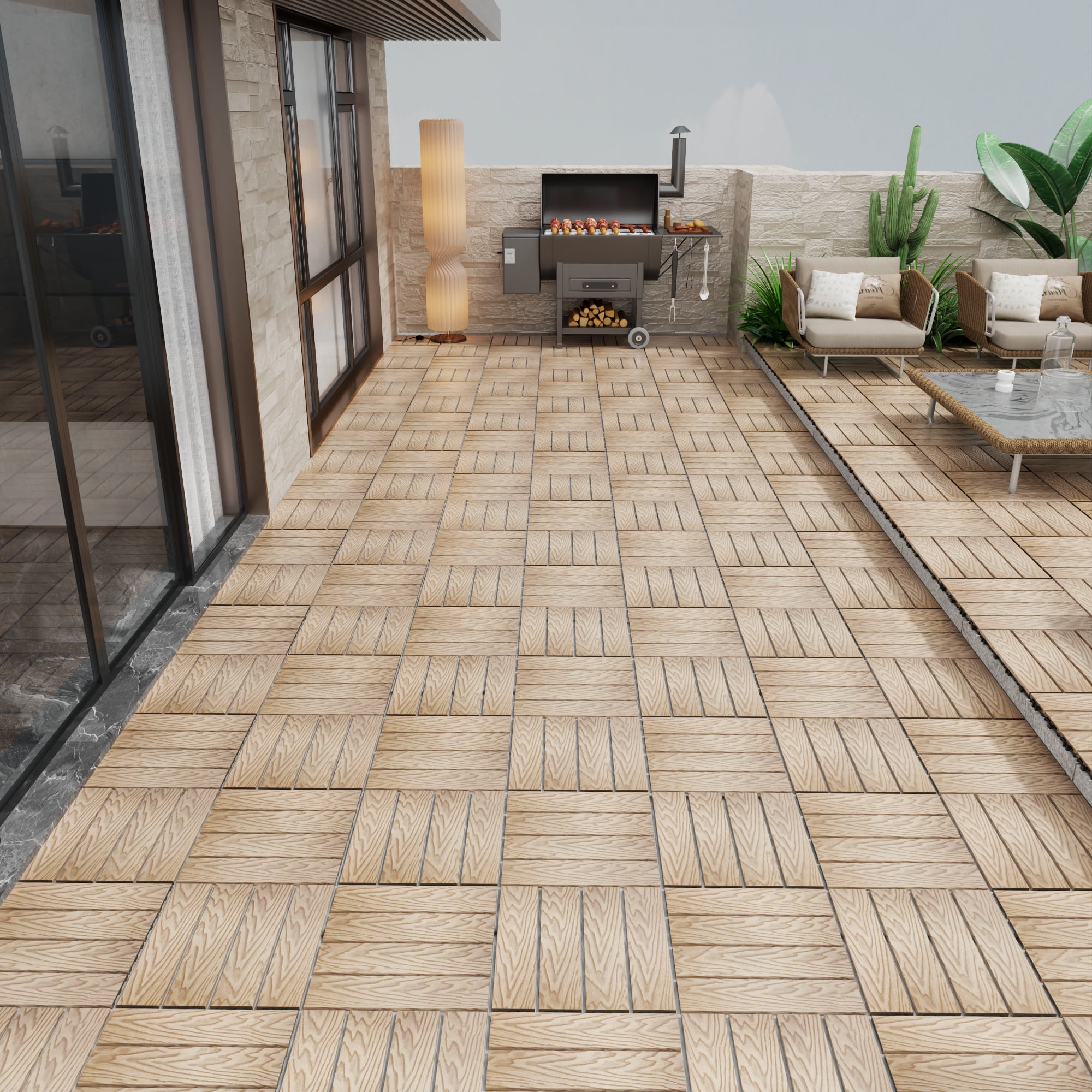 Miniyam 11 Pcs Interlocking Deck Tiles, 12" x 12", Wood-Plastic, for Outdoor Balcony Garden, Teak