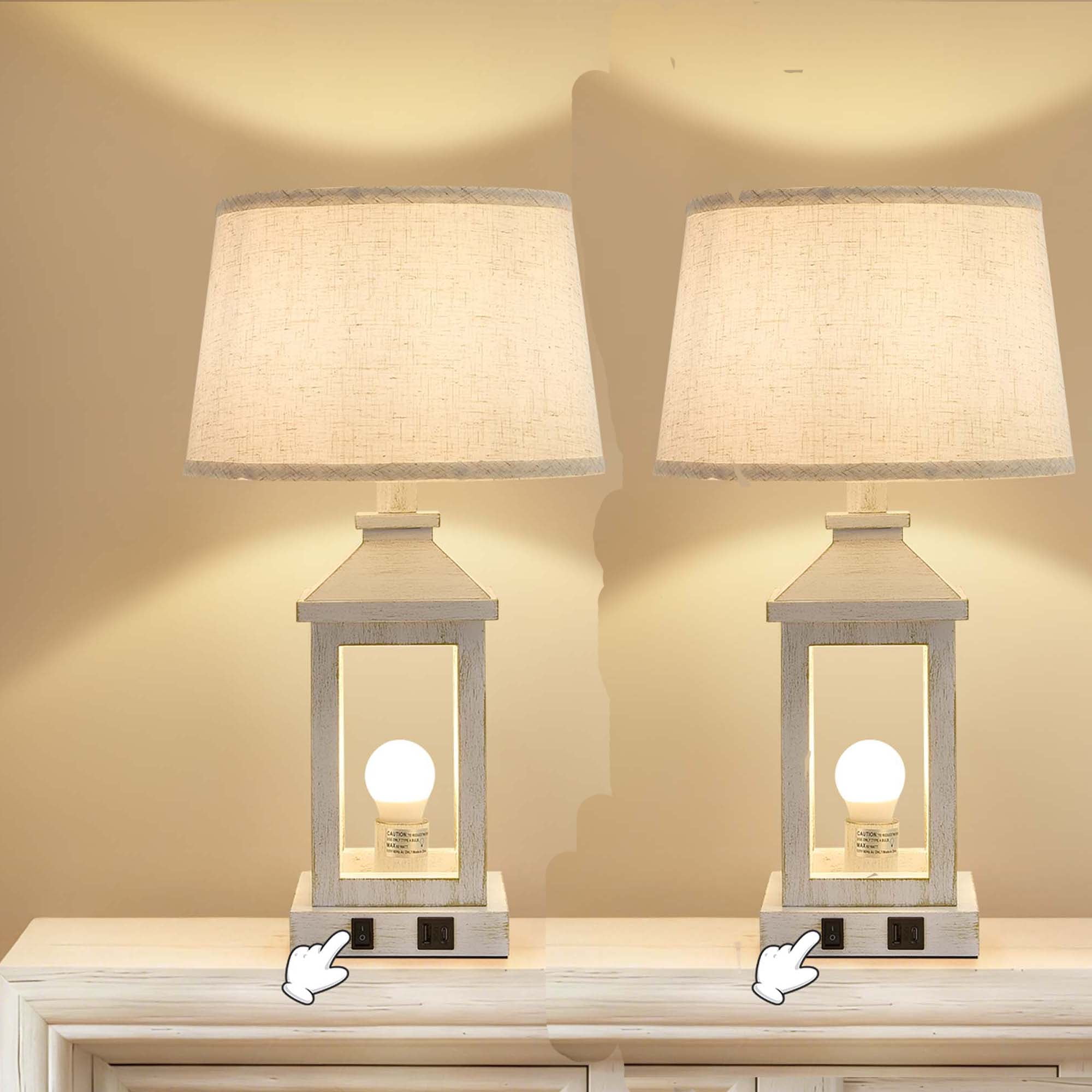 Miniyam 12" W * 20.5" H Set of 2 Vintage Table Lamps for Office, Nightstand Lamp with USB C+A & Outlet Bedside Lamps for End Table, Including Light Bulbs (White Gold)
