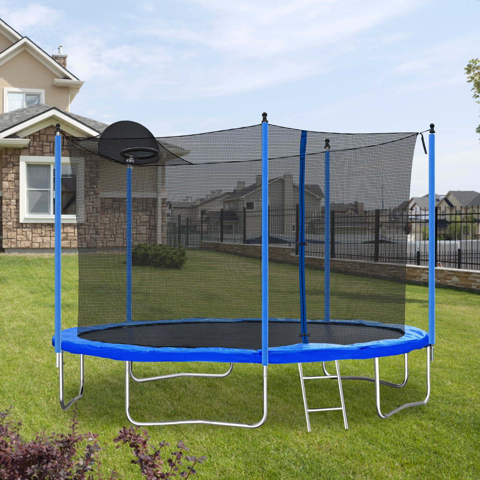 Miniyam 12FT Trampoline with Enclosure Net, Outdoor Jump Trampoline for Kids and Adults, Blue