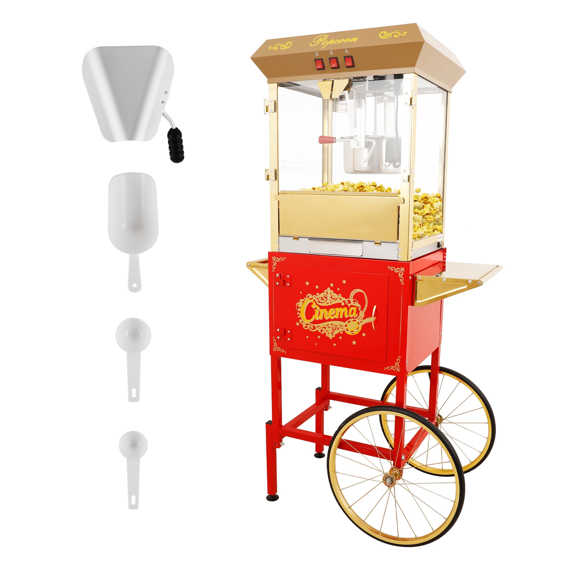 Miniyam 16 oz Commercial Popcorn Machine with Cart, High-Power 850W Popcorn Maker with Stainless Kettle, Clear Viewing Panels, Warming Light & Storage Cabinet, Red