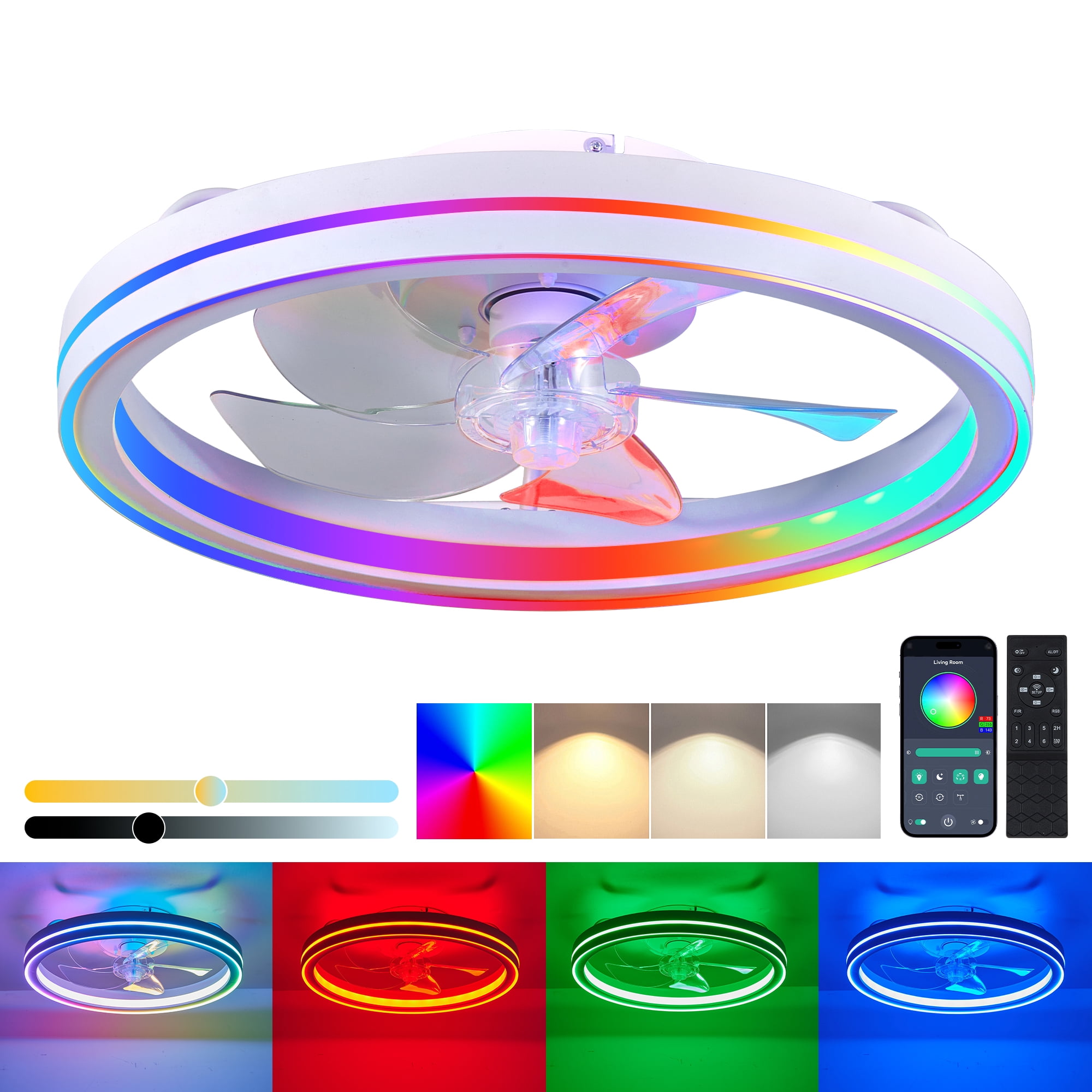 Miniyam 19" RGB Ceiling Fans with Lights and Remote Control, 6 Speed Smart LED Ceiling Fan, 3 CCTS Dimmable Fandelier, White