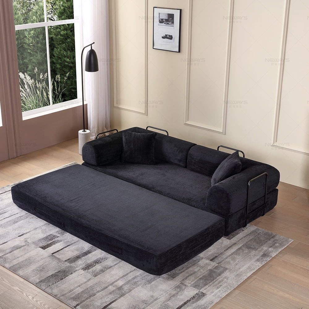 Miniyam 2 in 1 Black Sleeper Sofa Floor Couch with 2 Cylindrical Pillow Cloud Corduroy Foldable Mattress Couch with Fixed-Shape Frame 3 Seat, 78 W x 35.4 L x 26.7 H