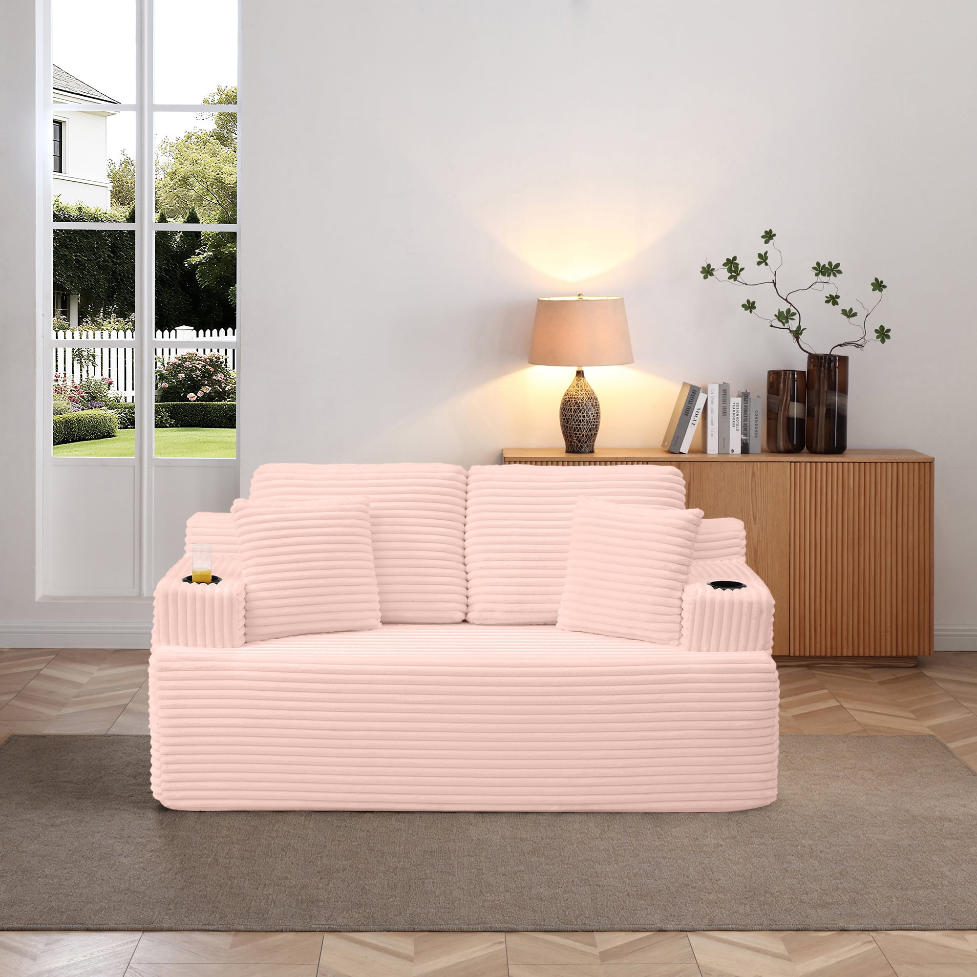 Miniyam 2-Seater Cloud Couch Corduroy Loveseat, Boneless Floor Sofa No Assembly for Bedroom (Pink)